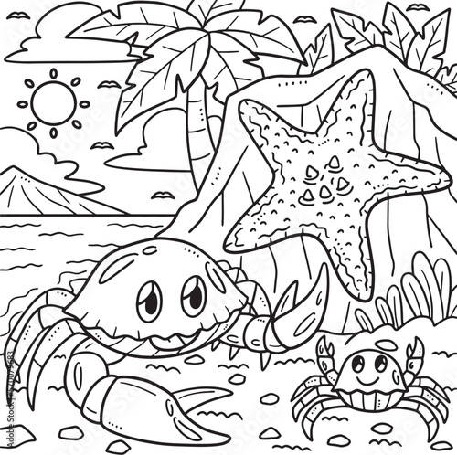 Summer Crabs and Starfish on the Shore Coloring 
