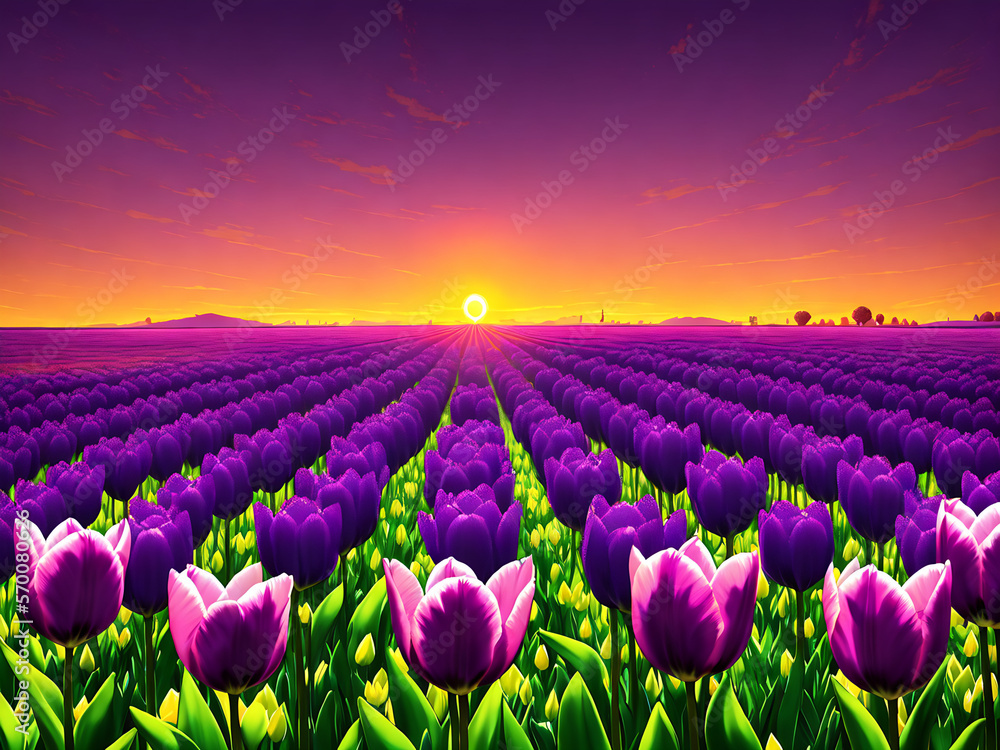 Tulip Field Landscapes - Spring Concept - Generative AI Image