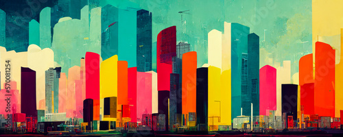 A colorful mural of the modern urban landscape - skyscrapers and buildings blending into a vibrant geometric form, creating a dynamic and moving effect. Generative AI