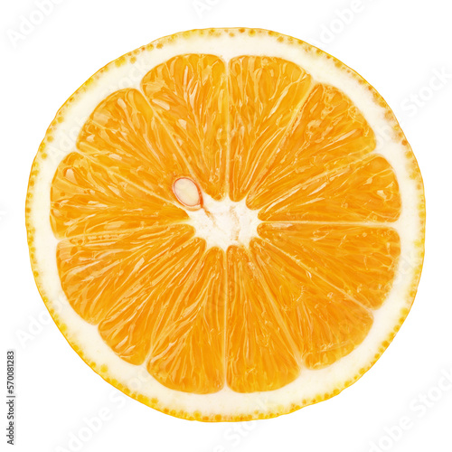 Top view of textured ripe slice of orange citrus fruit isolated on transparent background