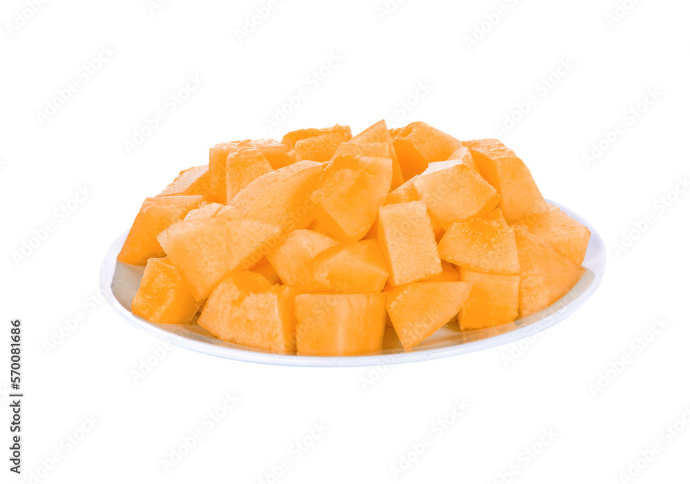 Cantalope melon slice in white plate isolated on transparent png Cantalope melon slice in white plate isolated on transparent png