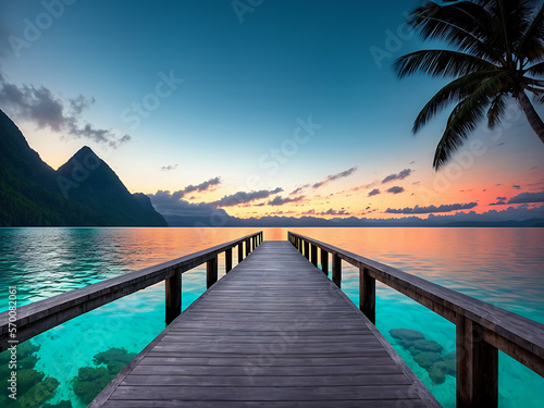 Travel, Holiday, Vacation Concept - a long dock leading out into a beautiful tropical bay - generative ai image