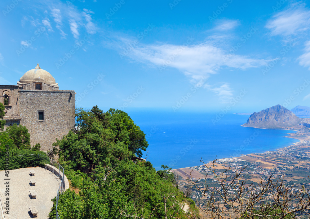 Panoramic view to Tyrrhenian coastline with Cofano mount and Church of Saint John the Baptist from Erice town, Trapani region, Sicily, Italy.