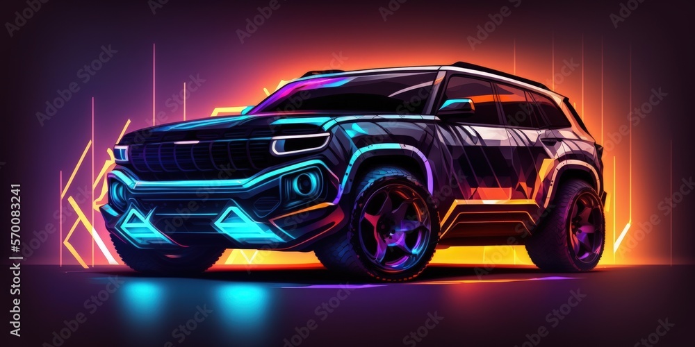 Naklejka premium On the tech space, a neon cyberpunk automobile is surrounded by vertical light rays. Front of the SUV vehicle. Professionally created generic, undiscovered automobile model. Generative AI