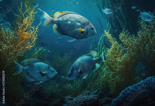 pretty fishes in the darken ocean created with Generative AI technology