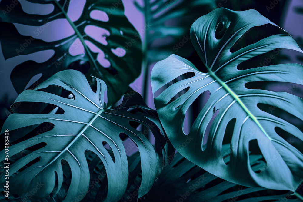Monstera leaves under neon lighting, Generative AI Monstera leaves under neon lighting, Generative AI