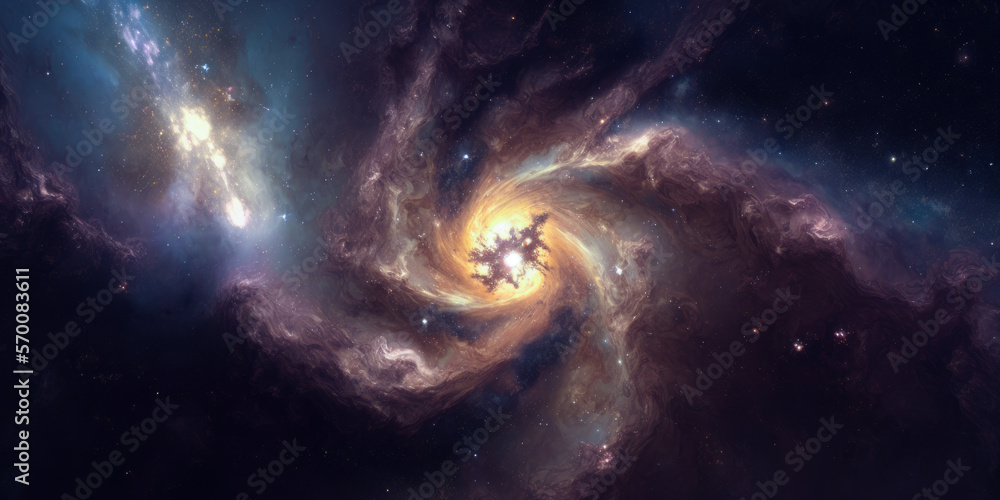 Spiral galaxy, new born star in the center, neutron star, AI generated Image
