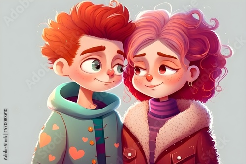 Illustration of a cute couple of young people in love  valentines day concept. Generative AI.