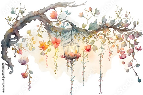 A colorful watercolor illustration of a tree branch with flowers and a lantern 