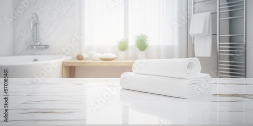 White bathroom interior. Empty marble table top for product display with blurred bathroom interior background. digital ai art
