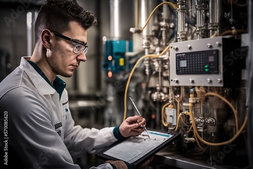 Chemical engineer designing and troubleshooting a complex chemical process, concept of Problem-solving and Innovation, created with Generative AI technology photo