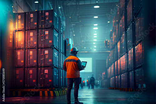 Photo warehouse stock engineer man scanning package with barcode scanner check goods in transportation and distribution in warehouse