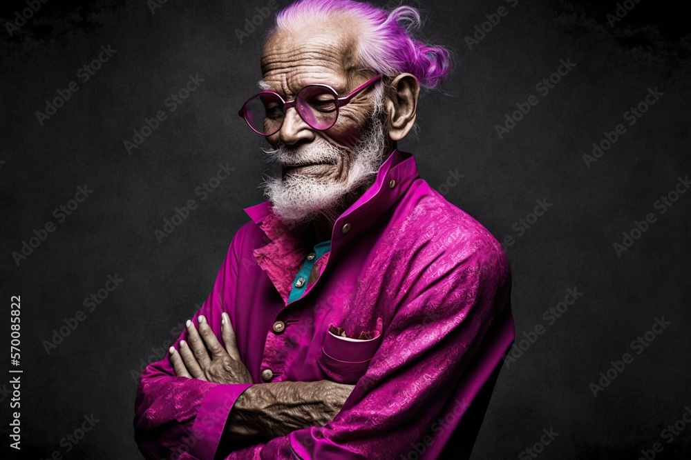 Fashion model grandpa man happy, studio lighting magenta, concept of Elderly  Fashion, created with Generative AI technology Stock Illustration