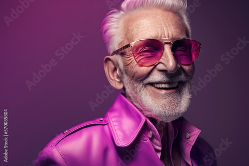 Fashion model grandpa man, happy, studio lighting magenta, copyspace, concept of Portraiture and Aging Gracefully, created with Generative AI technology