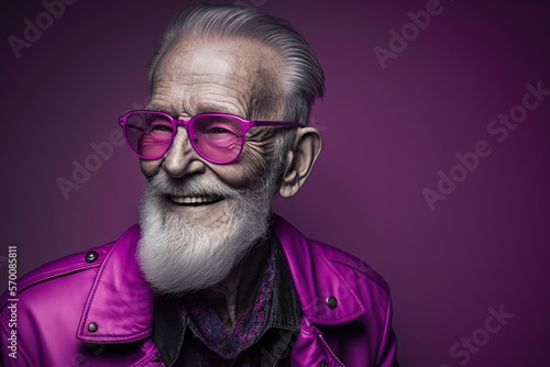 Fashion model grandpa man happy, studio lighting, magenta, concept of Portraiture and Aging Gracefully, created with Generative AI technology