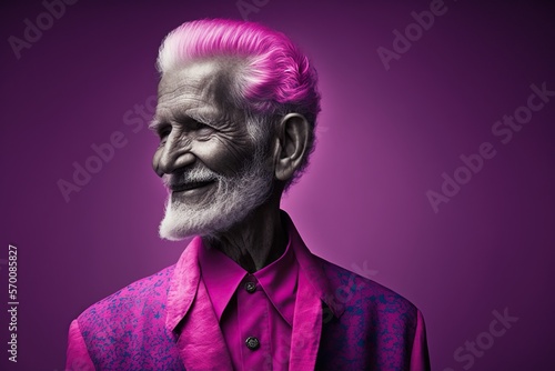 Fashion model grandpa man happy  studio lighting magenta  concept of Elderly Fashion  created with Generative AI technology