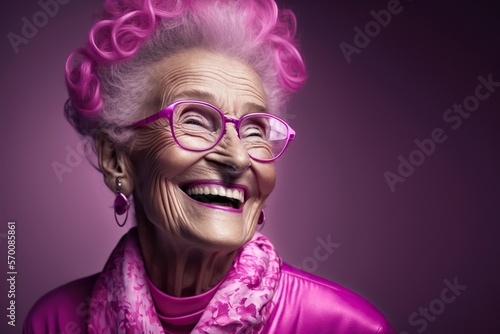 Fashion model granny woman happy, studio lighting, magenta, copyspace, concept of Glamour and Aging Gracefully, created with Generative AI technology