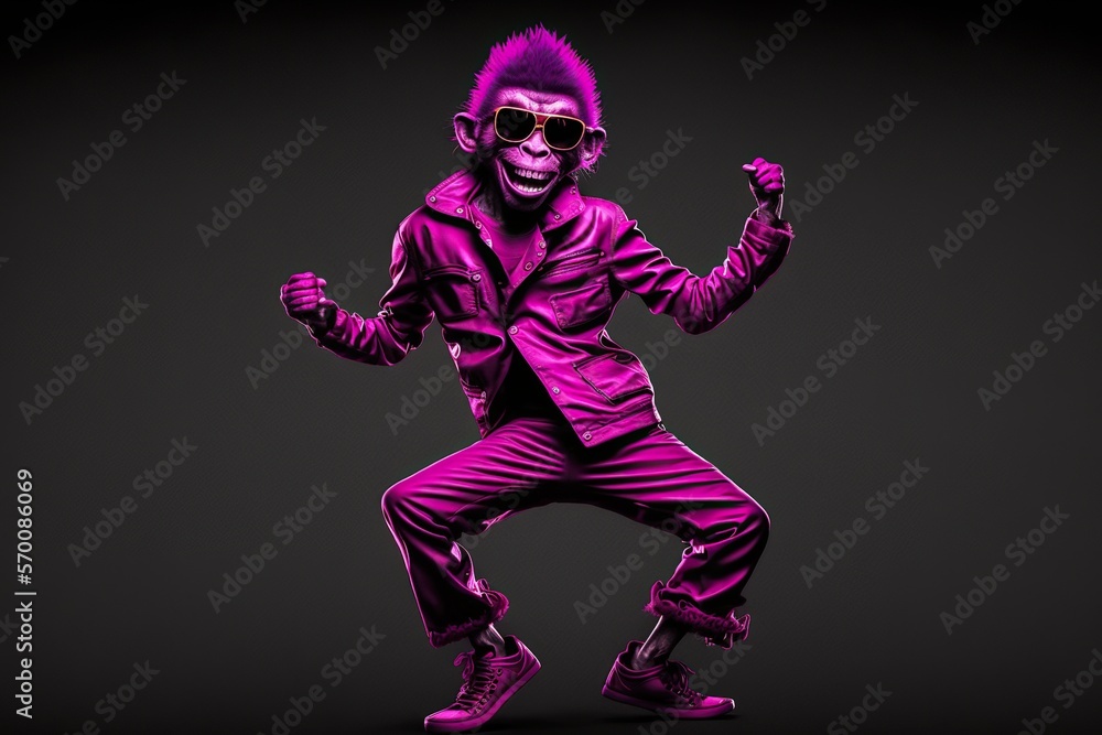 Hip-hop monkey smiling studio lighting full body magenta, concept of Studio Portrait and Colorful, created with Generative AI technology