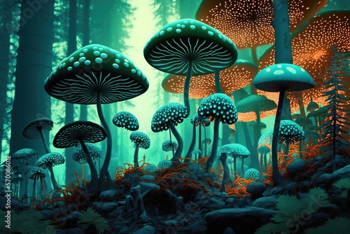 Forest with many mushrooms, concept of Enchanted Glade and Fungal Wonderland, created with Generative AI technology