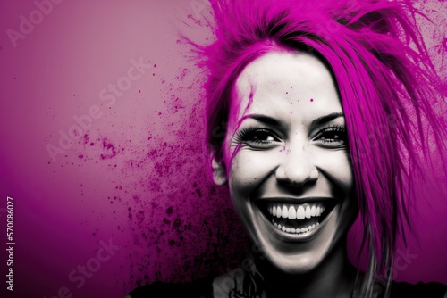 Grunge woman happy studio lighting magenta copyspace, concept of Moody Portrait and Retro Aesthetic, created with Generative AI technology