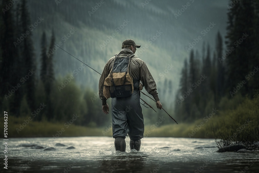 Man in waders fly fishing in a river, concept of Outdoor Adventure and Wildlife Watching, created with Generative AI technology - obrazy, fototapety, plakaty 