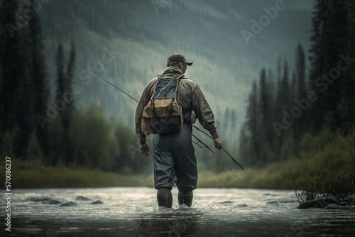 Man in waders fly fishing in a river, concept of Outdoor Adventure and Wildlife Watching, created with Generative AI technology photo