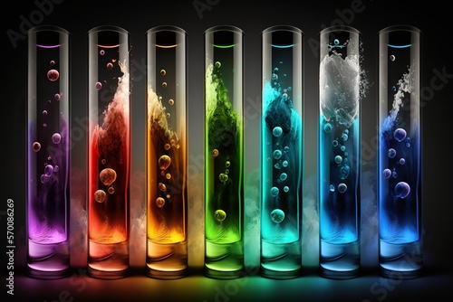 Many chemical test tubes with chemical reaction insid, concept of Test-Tube Experiments and Chemical Reactions, created with Generative AI technology photo