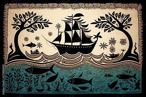 Ocean painted in warli style, concept of Folk Art and Tribal Art, created with Generative AI technology