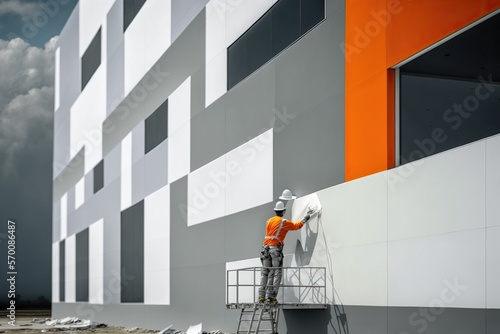 Painter applying paint to the walls of a new building, concept of Brushstrokes and Color Blending, created with Generative AI technology