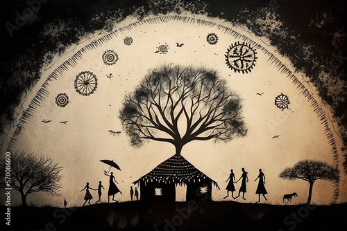 Sky painted in warli style, concept of Folk Art and Tribal Art, created with Generative AI technology