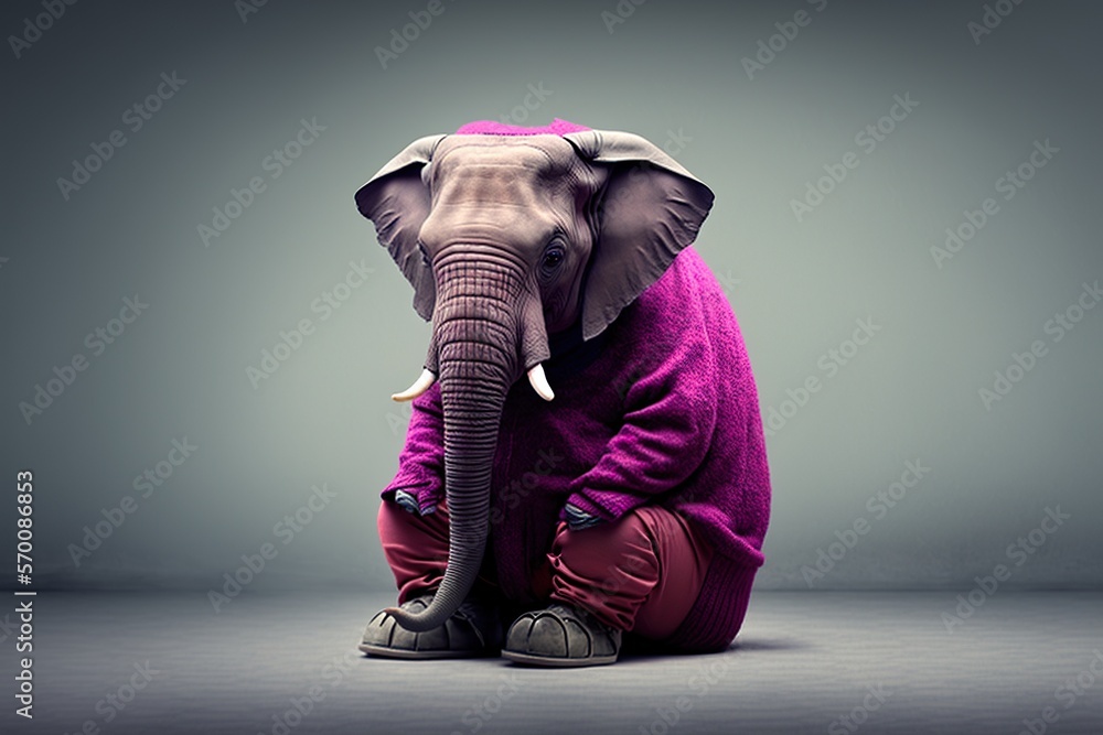 Young hipster elephant depressed studio lighting neutral background magenta colour copyspace full body, concept of Moody and Thoughtful, created with Generative AI technology - obrazy, fototapety, plakaty 