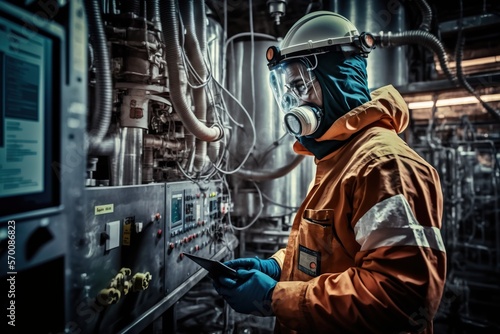 Worker in protective gear monitoring the production process in a chemical plant, concept of Safety and Compliance., created with Generative AI technology