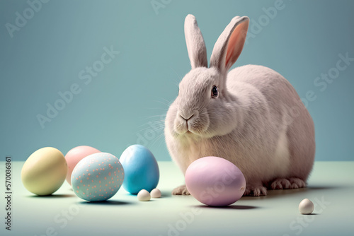 Easter bunny with easter eggs,isolated on clear pastel background , Generative ai