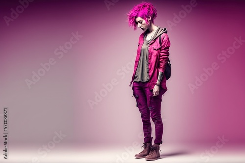 Young hipster woman depressed studio lighting neutral background magenta colour copyspace full body, concept of Outfit and Posture, created with Generative AI technology
