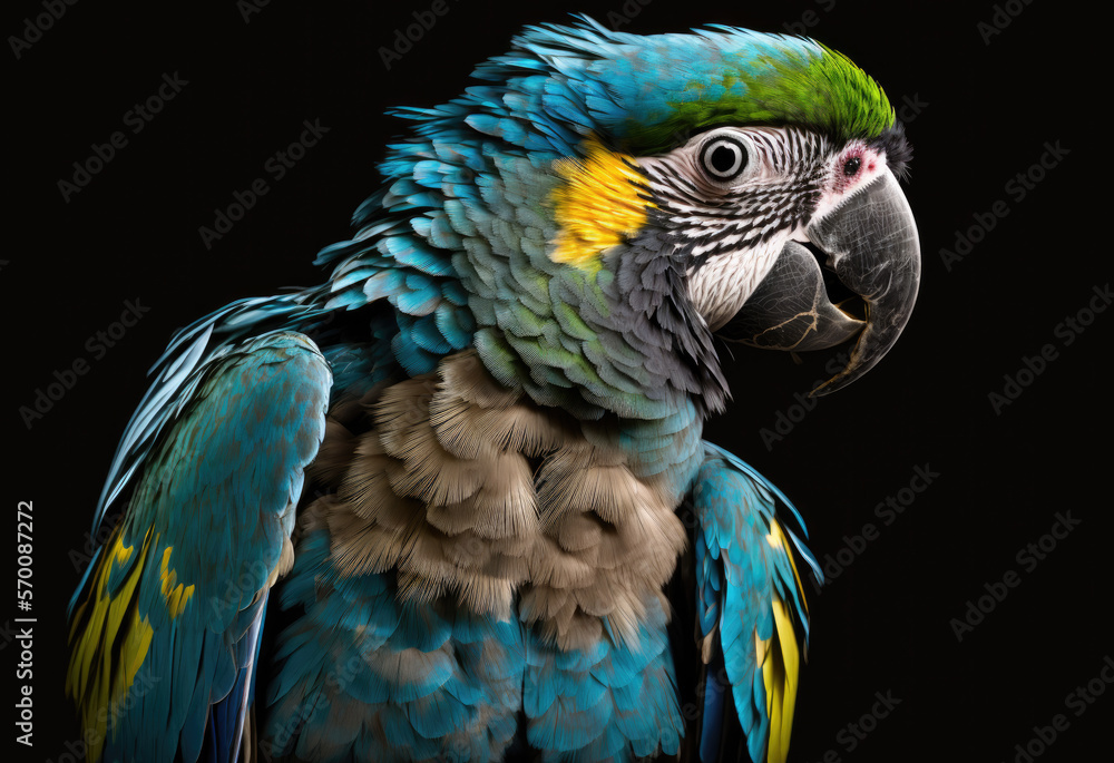 Fototapeta premium beautiful macaw parrot on black studio background ocreated with Generative AI technology