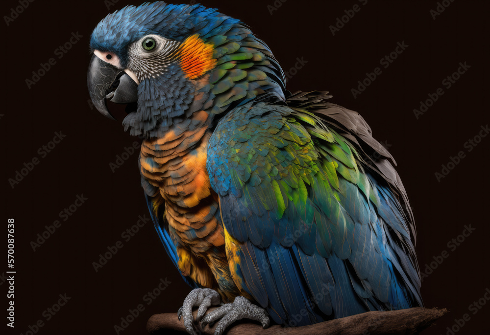 beautiful macaw parrot on black studio background ocreated with Generative AI technology