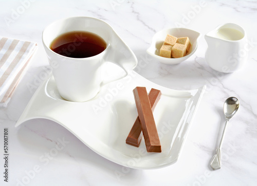 Chocolate wafer biscuits and tea