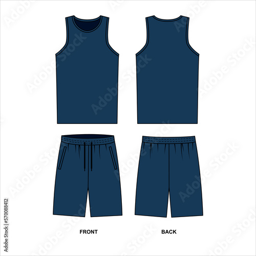 Outline vector drawing of a sports jersey and shorts in blue. Sketch of basic sports uniform front and back view, vector. Set of T-shirt and shorts templates for sports and leisure.
