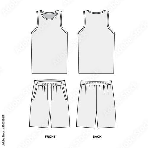 Outline vector drawing of a sports jersey and shorts in white. Sketch of basic sports uniform front and back view, vector. A set of T-shirt and shorts templates for fitness, running, boxing, basketbal