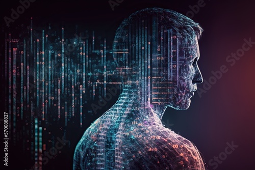Person using machine learning algorithms to analyze genetic data and personalized medicine treatments, concept of Data Science and Artificial Intelligence, created with Generative AI technology photo