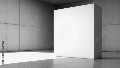 Large white square block in well-lit concrete white room (Generative AI) (ID: 570089286)