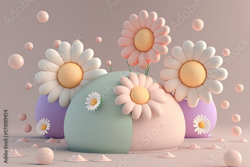 cute and funny daisy flowers 3d render squishy rubber characters on pastel soft colors neutral background, generative ai illustration photo