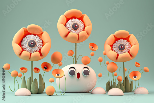 funny poppies flowers 3d render on neutral background, geneative ai illustration photo