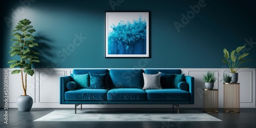 Modern Living Room Design with Blue Accents: A Chic and Inviting Space created by generative AI