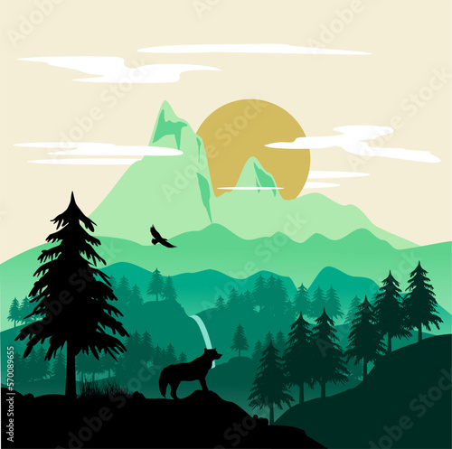Illustration: Beeindruckende Berglandschaft mit Wolf, Adler und Wasserfall