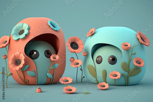 Cute 3d render cartoon of funny poppies flowers on blue neutral background, geneative ai illustration photo