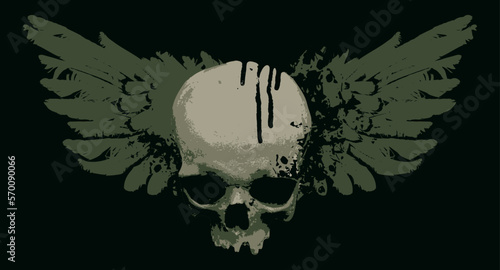 vector human skull with spots, splashes and bird wings. Graphic print for clothes, fabric, wallpaper, wrapping paper, design element for halloween party