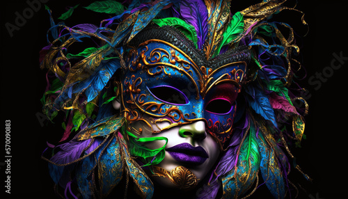 The Vibrant Mardi Gras Festival carnival mask, a fictional person, Generative AI 