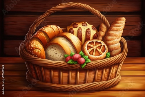 On an aged wooden background, bread and rolls are displayed in a basket. Generative AI