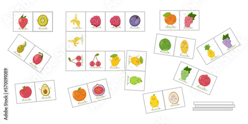Domino board game funny cute cartoon fruits. Vector flat illustration.